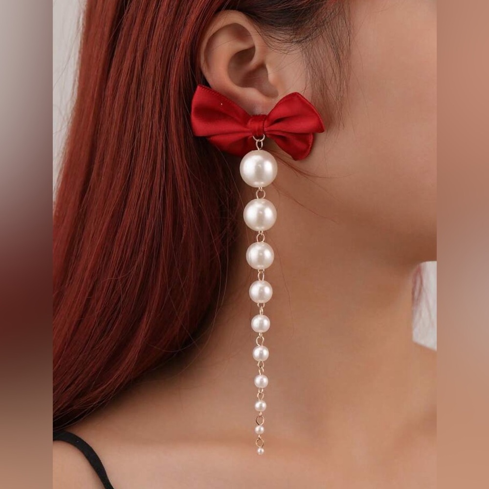 RED BOW PEARL DROP FASHION EARRINGS